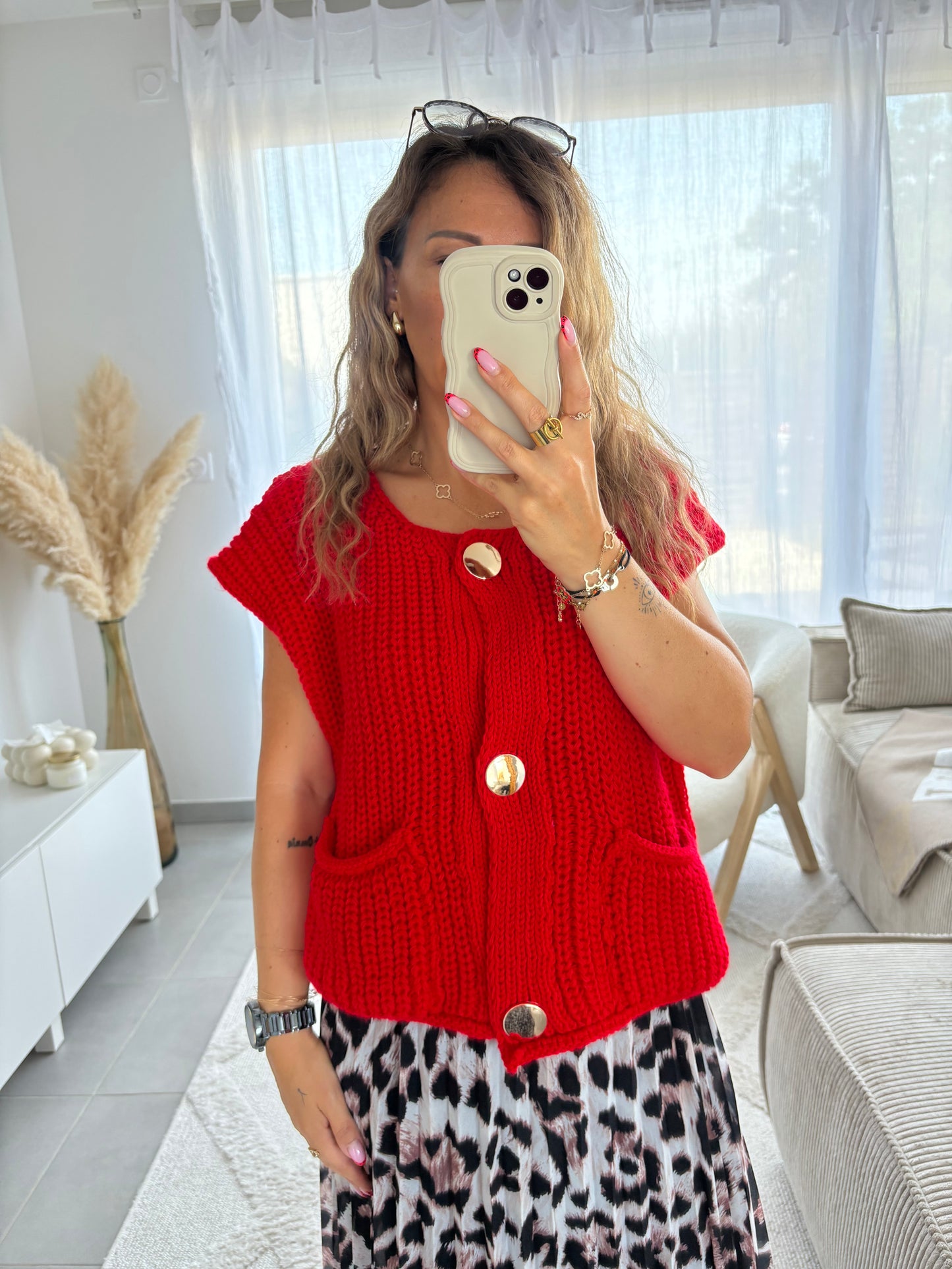 Pull sans manches à boutons dorés CLEM | ROUGE