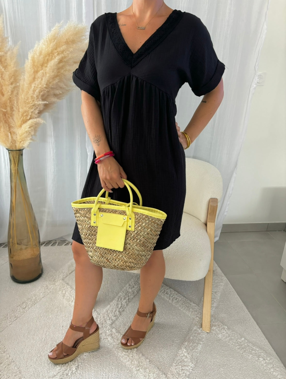 Robe gaze de coton col V LILIE | NOIR