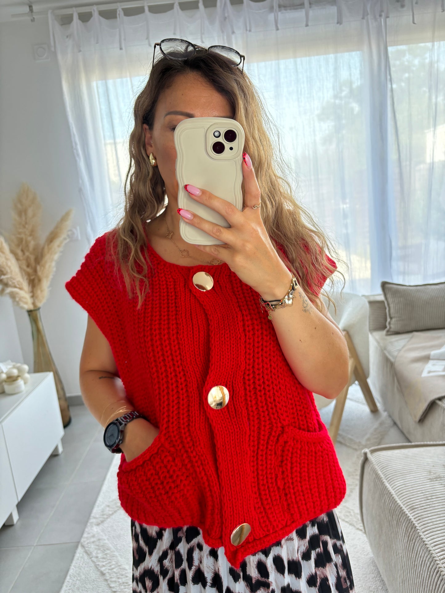 Pull sans manches à boutons dorés CLEM | ROUGE