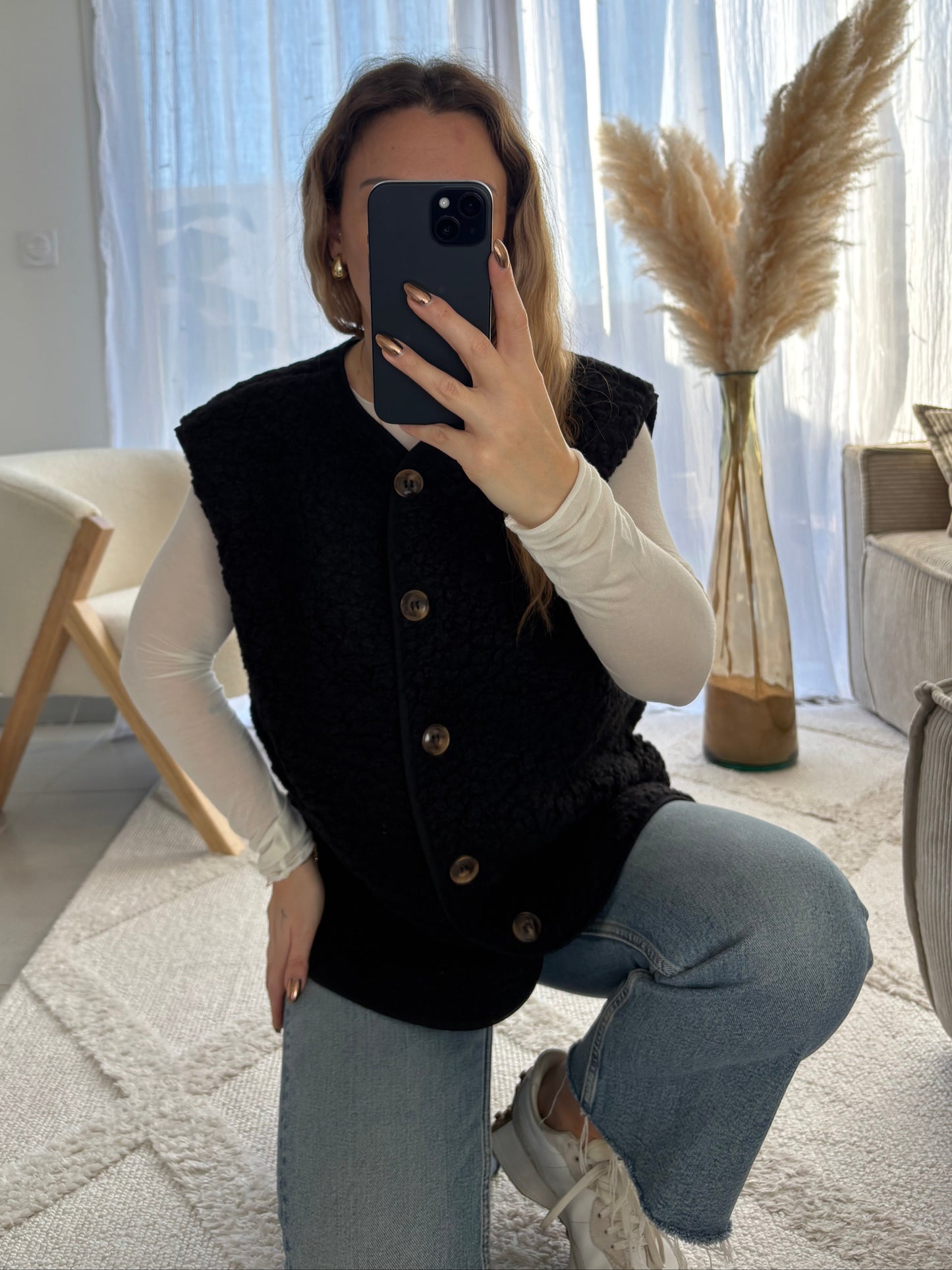 Veste gilet sans manches moumoute boutonnée ALIX